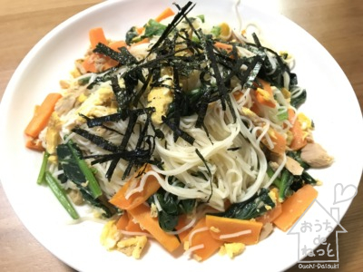 ほうれん草とツナ缶のそうめんチャンプルー風炒め